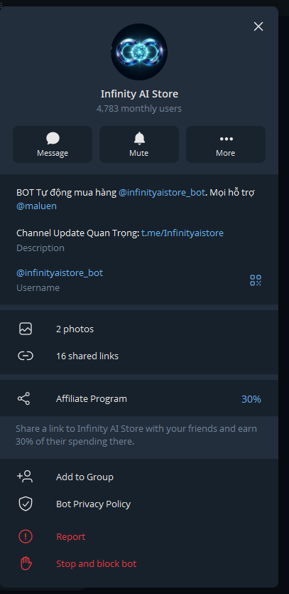 Trang bot Infinity AI Store, 4.783 người dùng hàng tháng, affiliate 30%