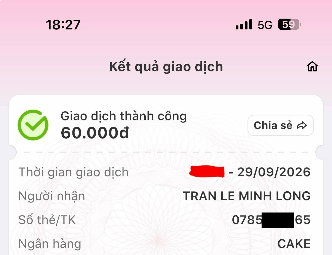 Biên lai chuyển khoản 60.000đ tới tài khoản người bán, ngân hàng CAKE, 29/09/2026